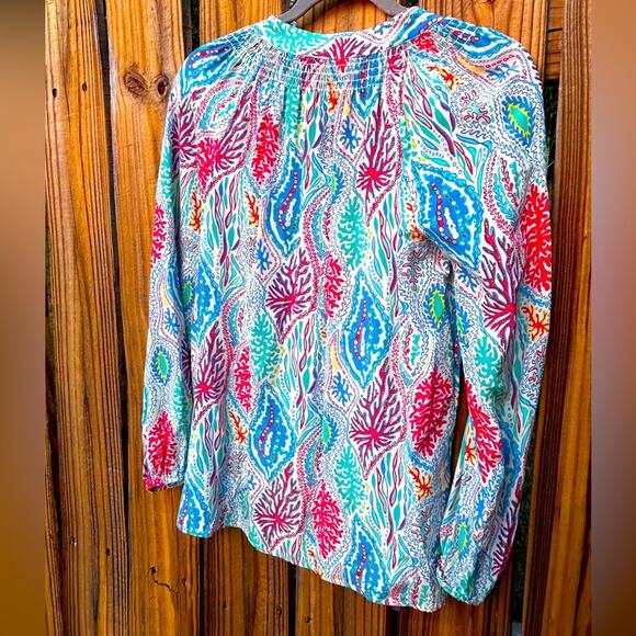 Lilly Pulitzer Blouse Silk Elsa Gold Button Lets Minnow Size Small - Picture 12 of 12